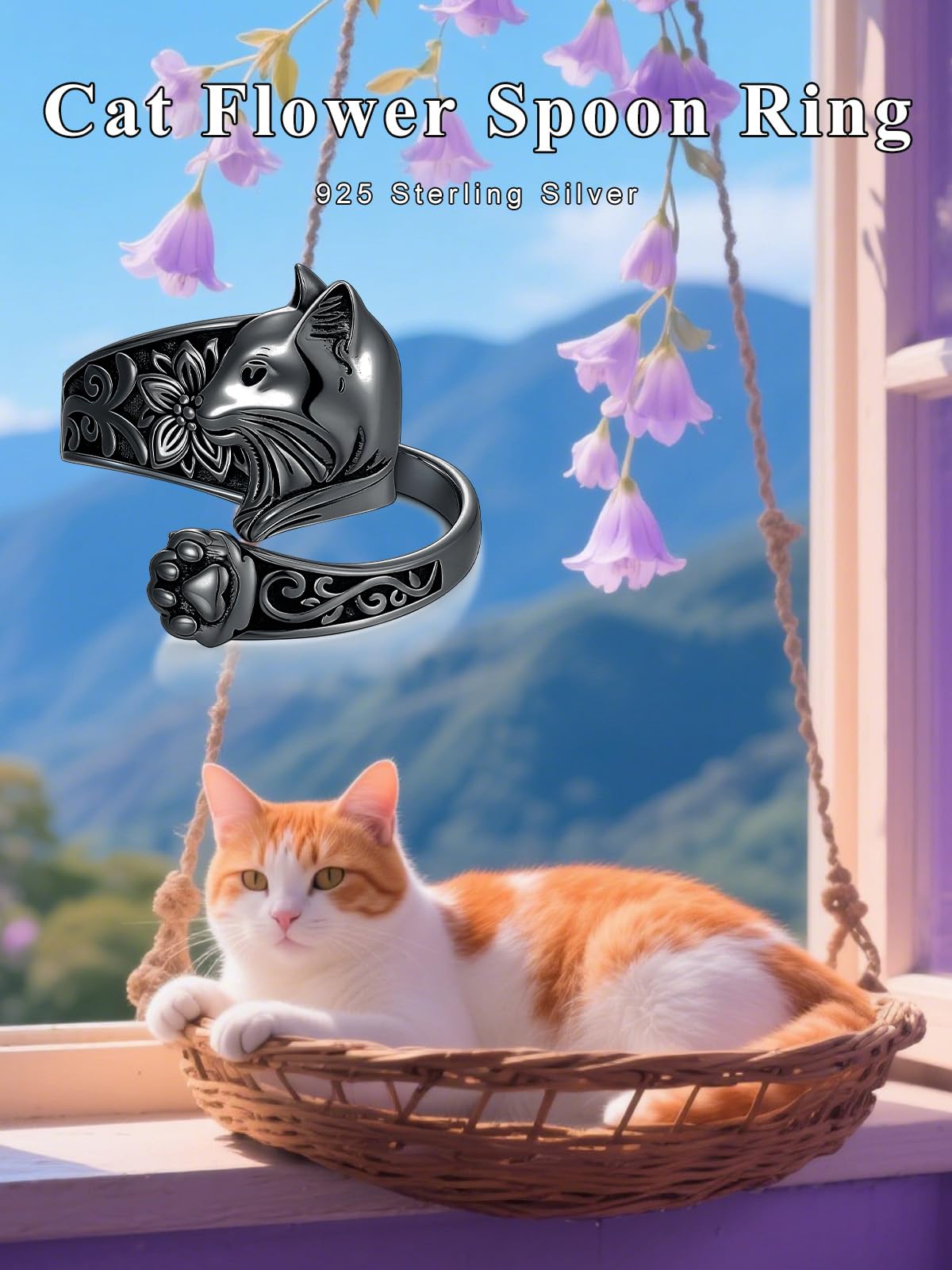 Midari Black Cat Spoon Rings for Women Sterling Silver Adjustable Halloween Vintage Finger Thumb Balck Paw Print Ring Kitty Jewelry Cat Lovers Birthday Halloween Christmas