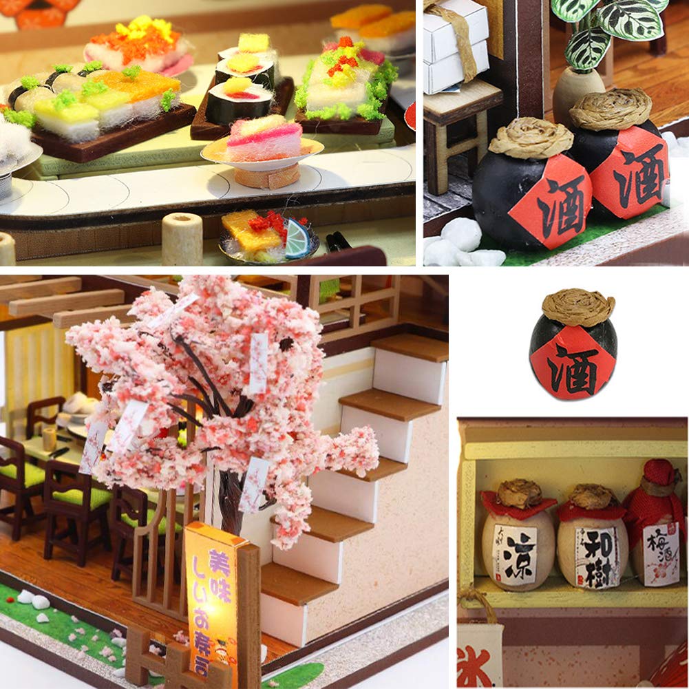 DIY Miniature Dollhouse Kit Japanese-Style Restaurant Wooden Miniature Doll House with Music and Dust Cover DIY Scene Architectural Model Toy Puzzle Fun Parent-Child Gift