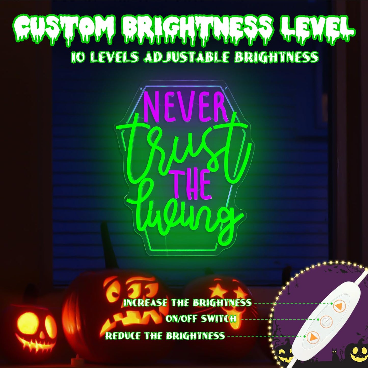 Ajoyferris Never Trust The Living Neon Sign Halloween Led Sign for Wall Decor Halloween Tombstone Neon Light for Party Chamber of Secrets Spooky House Bedroom Dimmable USB Led Light Sign