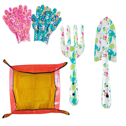 Printed Floral Garden Tool Set,Aluminum Garden Tools Set, Heavy Duty Gardening Tool Kits,4 Pcs Gardening Tools with Trowel, Rake, Garden Gloves&Repotting Mat,Ideal Gift for Women