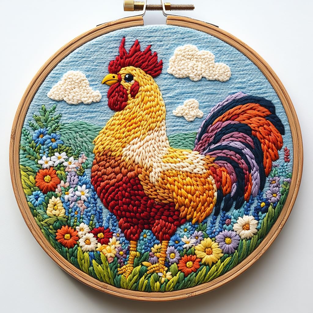 DIY Punch Needle Kits Rooster Easy for Beginners Punch Needle Embroidery Set with Hoop Stamped Pattern for Craft Lovers and Home Decor-4