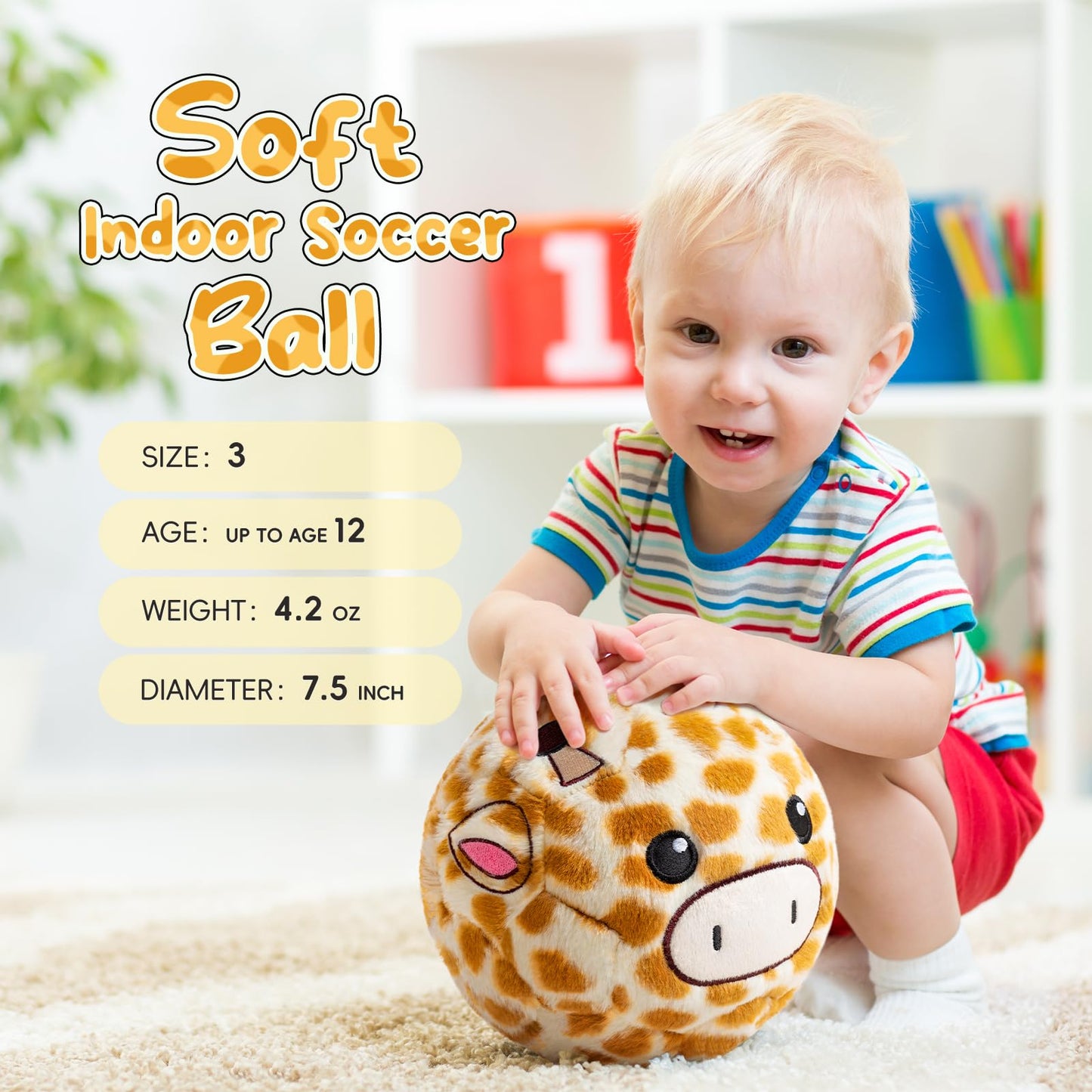 VangeBow Silent Indoor Soccer Balls for Toddlers 1-3, Inflatable Soft Plush Baby Toddler Soccer Ball Toys Gifts for Kid 3-5 Year Old Boy Girl First Birthday Gift (Giraffe, Pump Include)