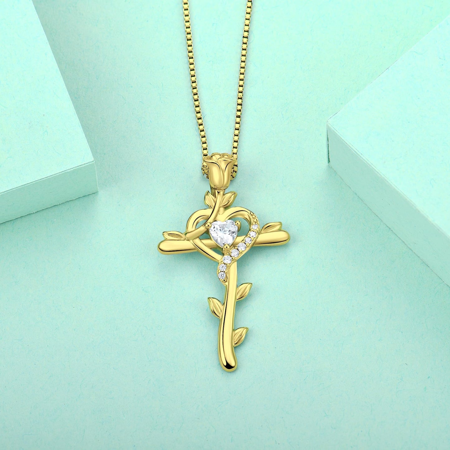 STARCHENIE Rose Cross Necklace, 925 Sterling Silver 14K Gold Plated, Cubic Zirconia Heart Pendant, Crucifix Jewelry Gift for Women
