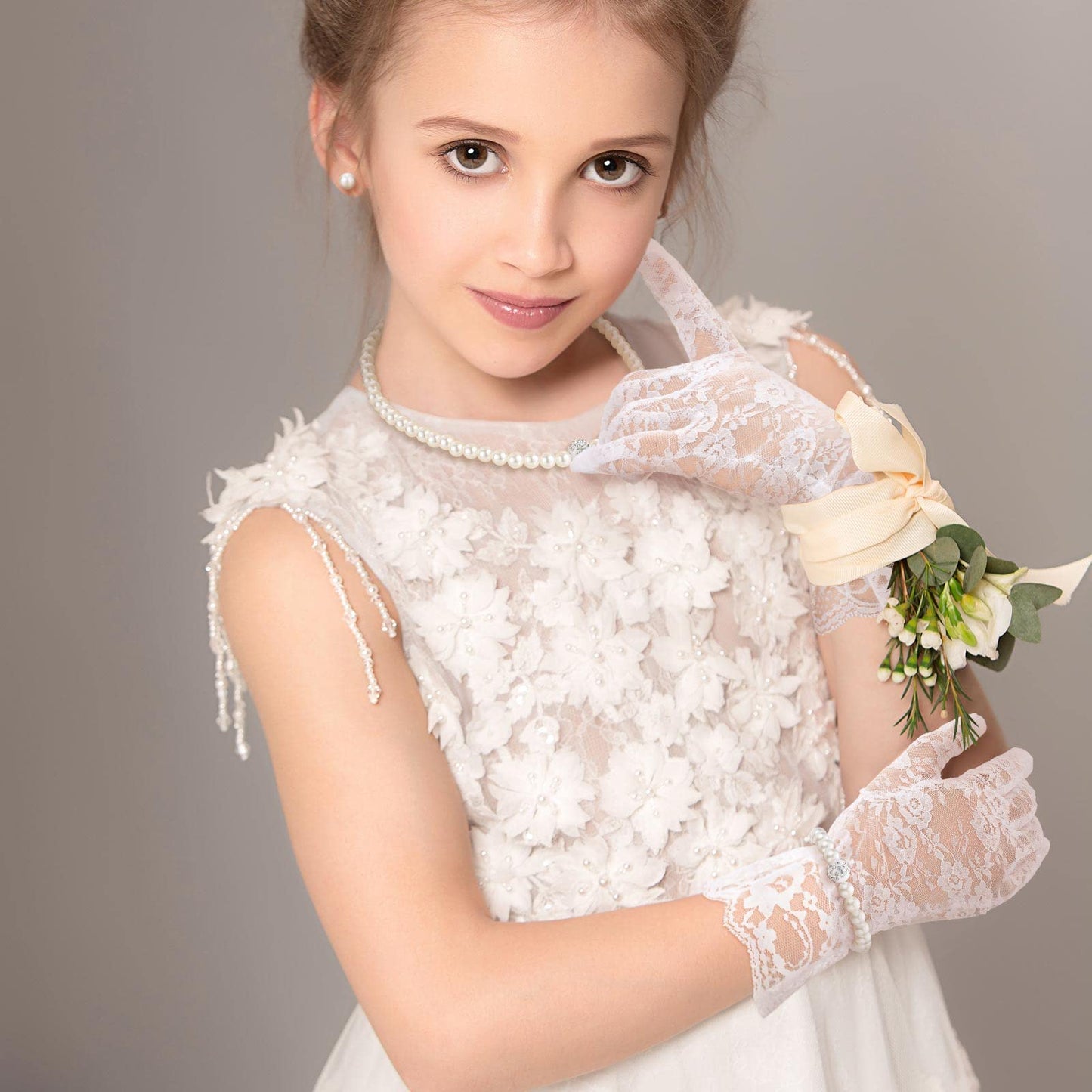 Geyoga 4 Pcs Pearl Necklace Set for Little Girls Toddler Girls Jewelry Communion Gloves for Kids Christmas Tea Party Wedding(Exquisite Style,8-12 Years)