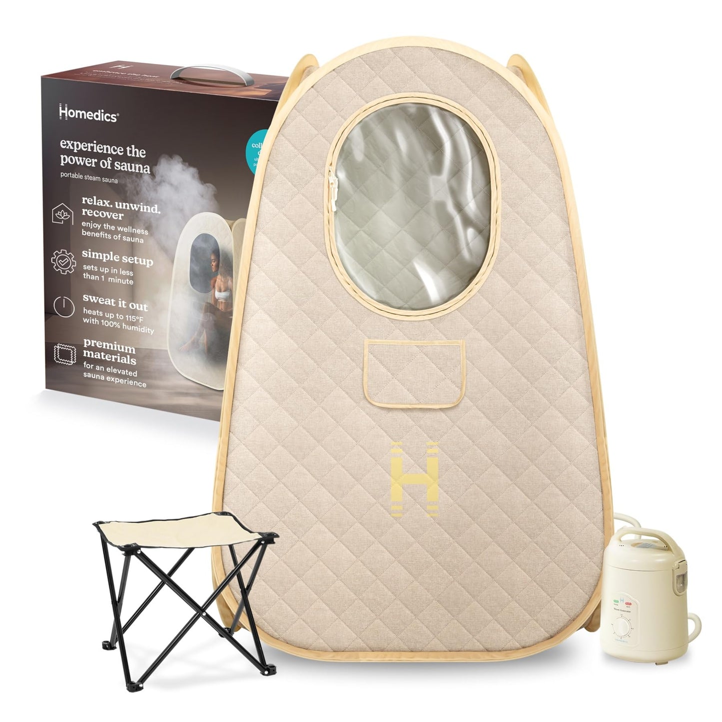 Homedics Portable Sauna – Collapsible Personal Steam Sauna for Stress Relief & Muscle Relaxation, Fast 1-Min Setup, Heats to 115°F, Up to 60 Min Session, Compact Foldable Design