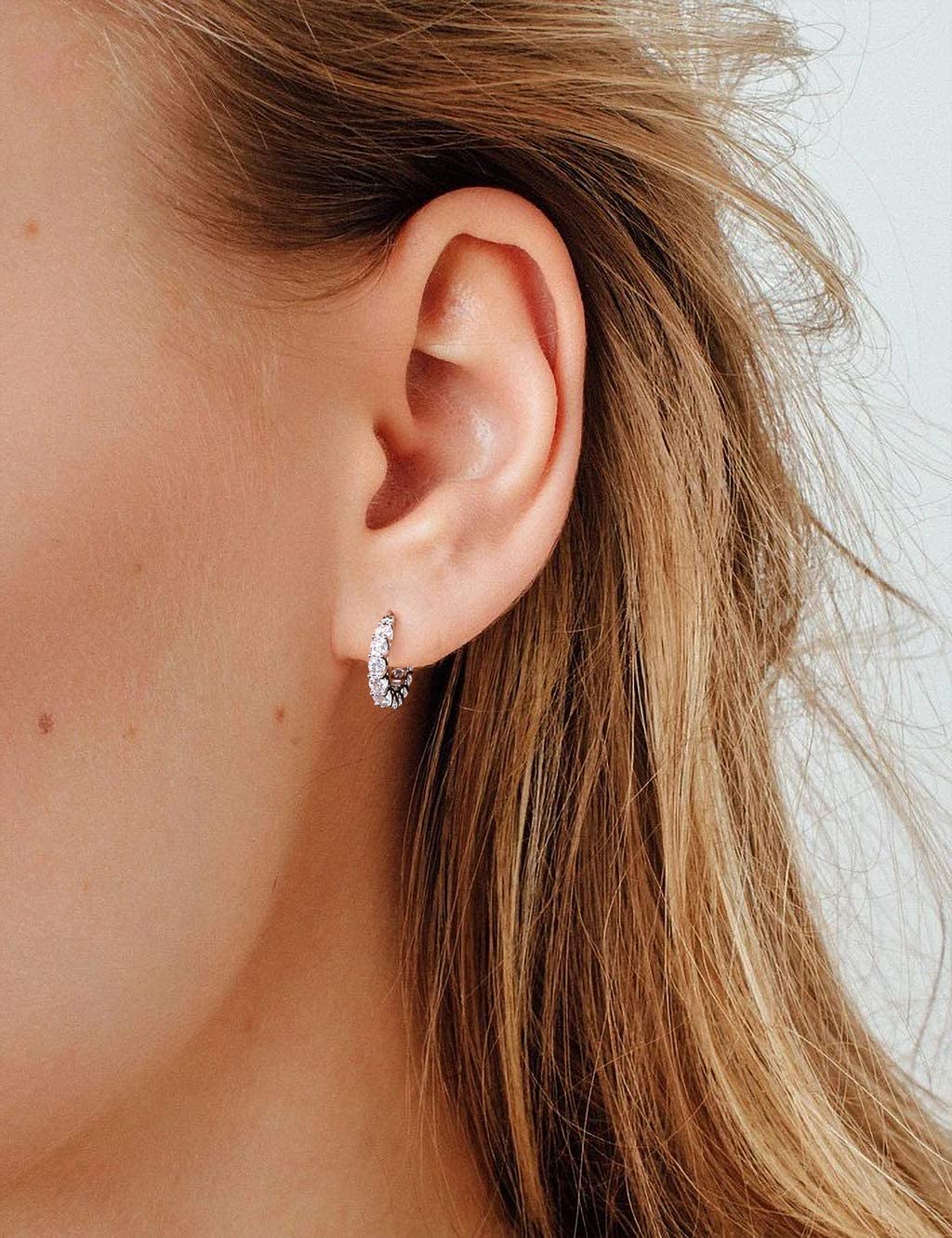 Allencoco Cubic Zirconia Huggie Hoop Earrings - Jewelry For Women, 14K Gold, 925 Sterling Silver Post Hypoallergenic (White Gold CZ Hoop 16mm)