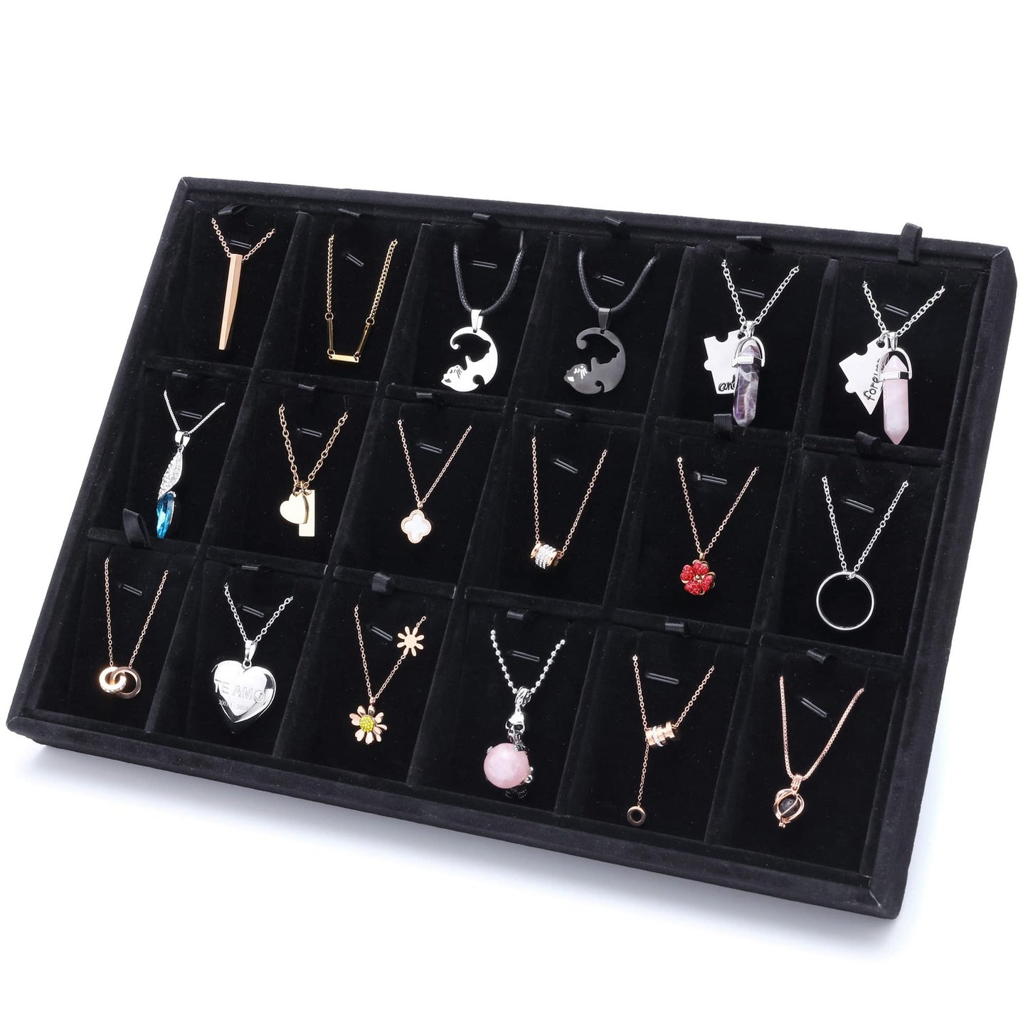 Mornajina 24 Grids Stackable Jewelry Tray Organizer with Removable Dividers, Velvet Jewelry Display Tray for Earrings Necklaces Bracelet Rings Display Showcase - Black