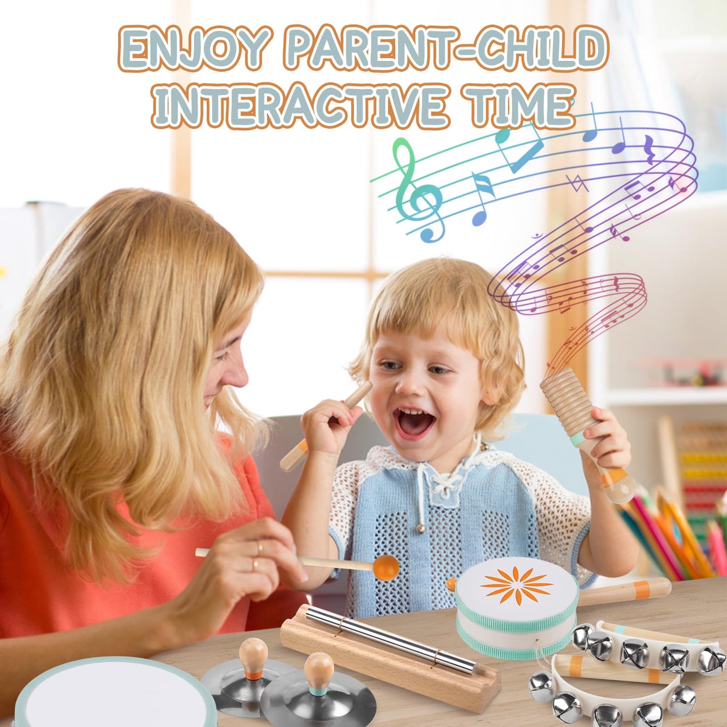 Baby Musical Instruments - Montessori Musical Toys for Toddlers 1-3, Wooden Percussion Instruments Set, Kids Preschool Educational Music Learning Toys, Birthday Gifts for Boys Girls (Neutral)