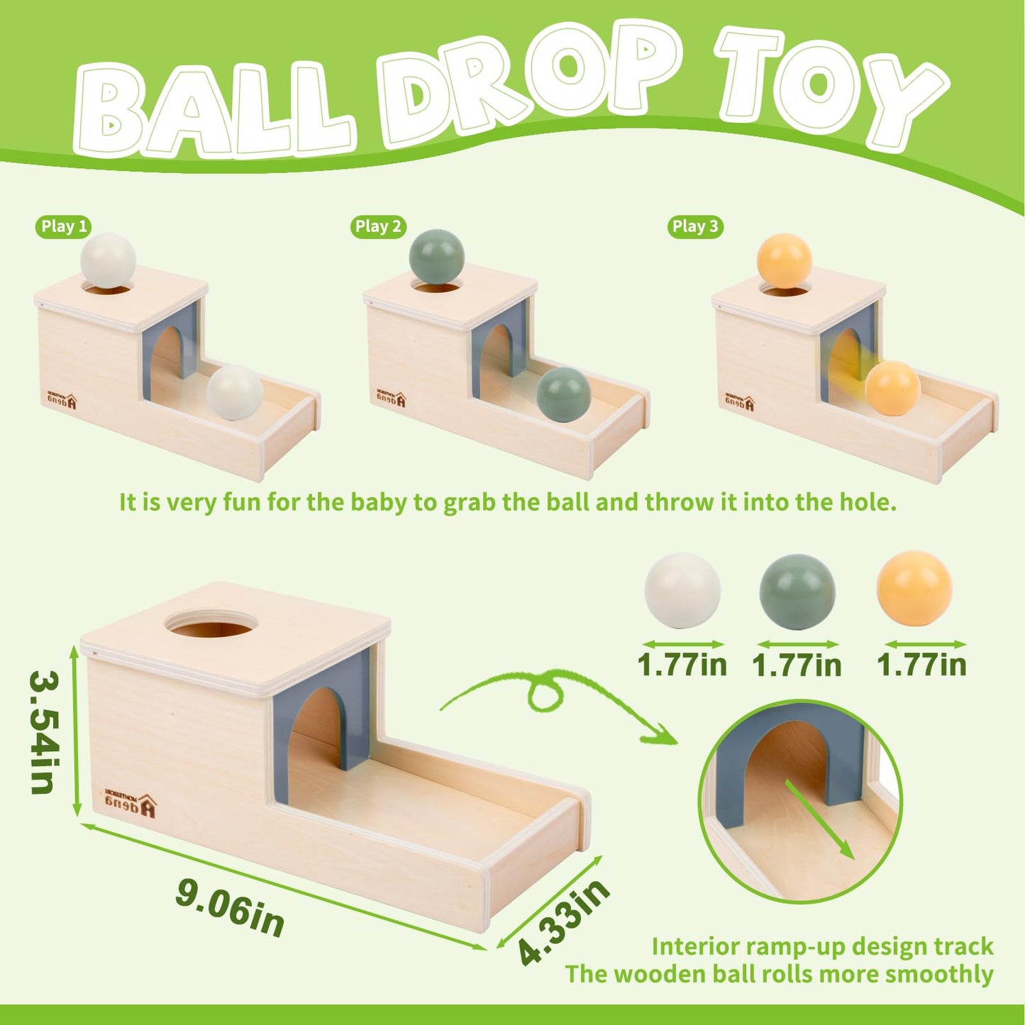 Adena Montessori Wooden Toy for 6-12 Month Baby 3 Balls, Object Permanence Box with Tray Colorful Learning Education Toy for Toddler Kid 1-2 Year Old, Preschool Developmental Girl and Boy Gift