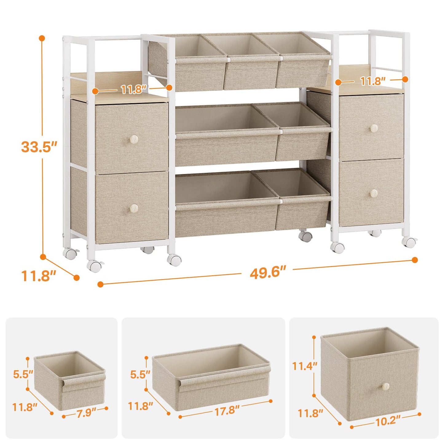 Kids Toy Organizers and Storage Bins - 7 Storage Bins + 4 Fabric Drawers + 2 Bookshelf, Playroom Storage, Mobile Cart Organizer for Toy, Clothes, Blankets and Books - Off White