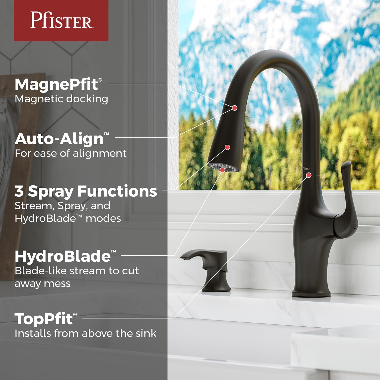 Pfister Wray Kitchen Faucet with Pull Down Sprayer and Soap Dispenser, Single Handle, High Arc, NSF Certified, Matte Black Finish, F5297WRYB