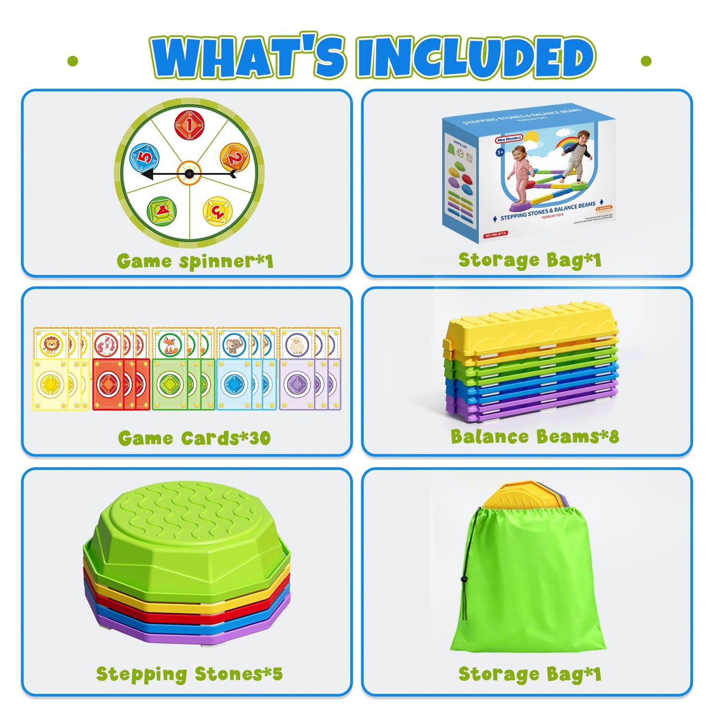 Wee Wonders Balance Beam Stepping Stones for Kids, Non-Slip Sensory Obstacle Course Toys for Toddlers, Stackable Balance Stones with Game Spinner & 30 Card, Indoor Outdoor Gifts for Boys Girls 3-5