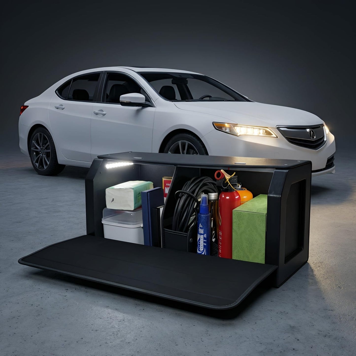 Car Trunk Organizers with LED Light, SUV Trunk Storage Box with Light, Trunk Organizer with Magnetic Lid & Sturdy Handle, Waterproof Car Storage Powered by 4 AA Batteries(Batteries Not Included)