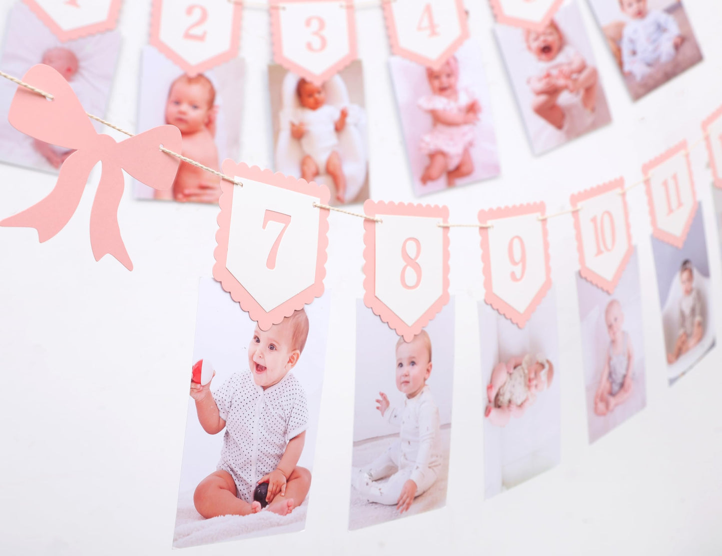 Pink Bow Monthly Milestones Photo Banner - Baby Girls Newborn to 12 Months Photo Display, 1st Birthday Photo Banner for Baby Girls, Bow 1st Birthday Decorations