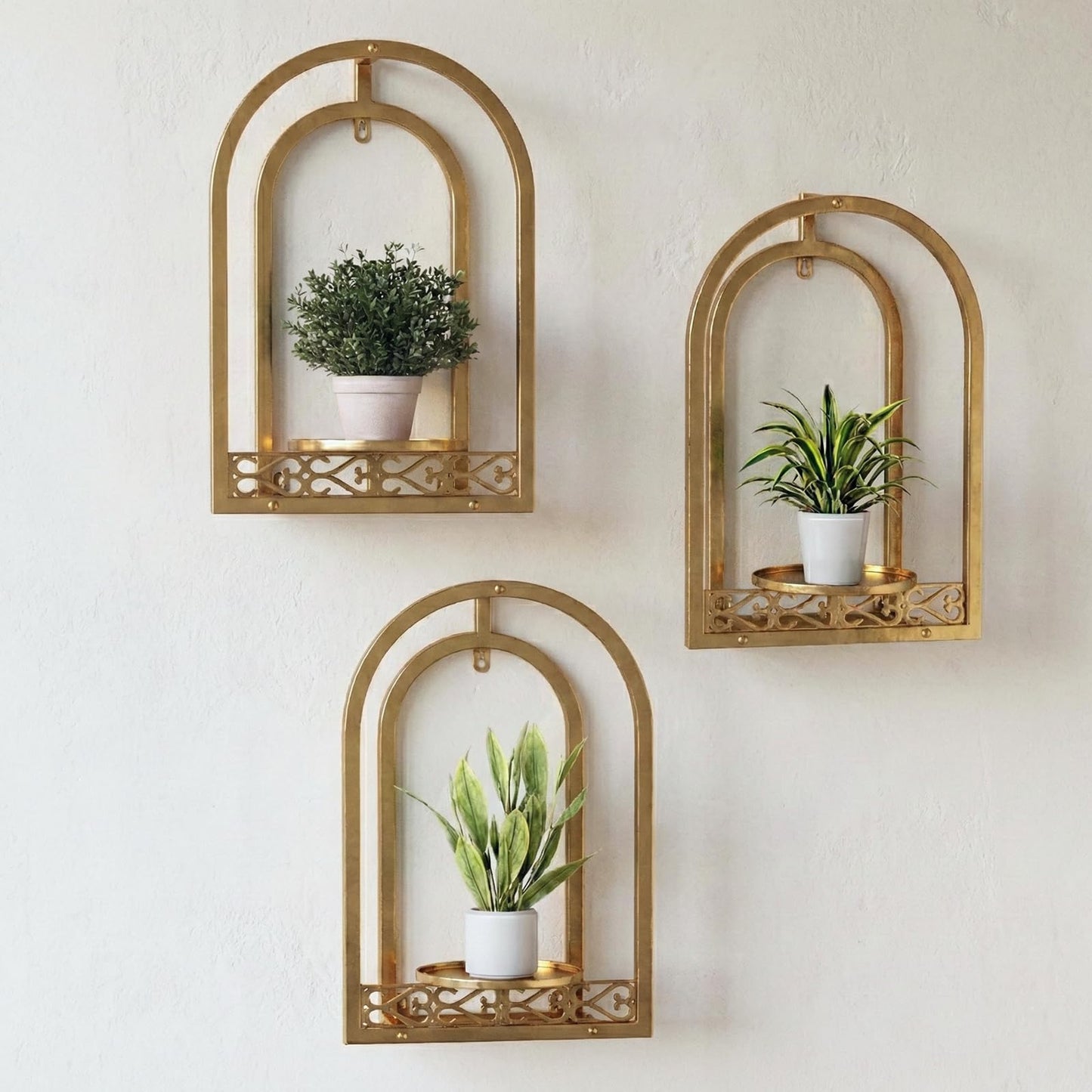 Rioneta Wall Hanging Planters, Modern Iron Frame for Indoor/Outdoor Plants, Stylish Decor for Living Room, Garden, Patio 3 Pack Gold（No Light）