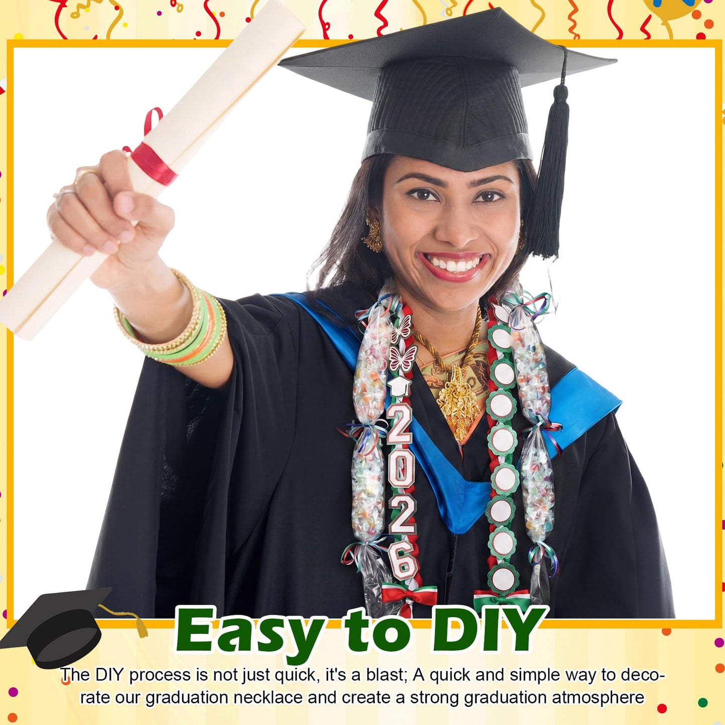 Lyrow Class of 2026 Mexican Graduation Leis Kit, Candy Leis for Graduation 2026 Green and Red Mexican Ribbon Double Lei Necklace Party Accessories