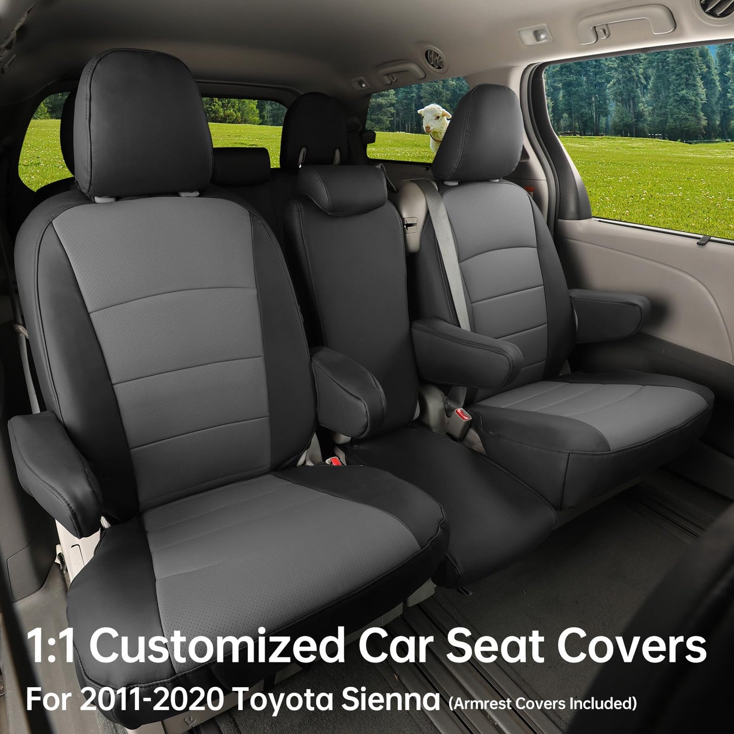 coverdream Sienna Leather Car Seat Covers Custom Fit for 2011-2020 Toyota Sienna SE,LE,XLE,SE Premium,XLE Premium,8-Seater,Full Coverage,Airbag Compatible Auto Seat Protector (Full Set,Black/Gray)