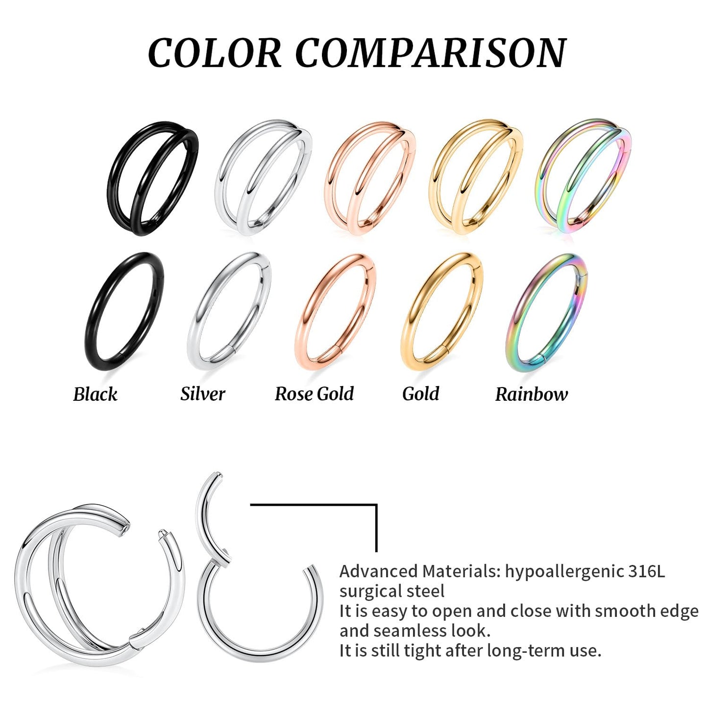 Septum Ring 8mm Septum Jewelry Double Hoop Septum Clicker Gold Nose Rings 18 Gauge Nose Ring Hoop 18g Cartilage Earring Lip Rings Nose Hoop Surgical Steel Helix Earrings Nose Piercing Jewelry