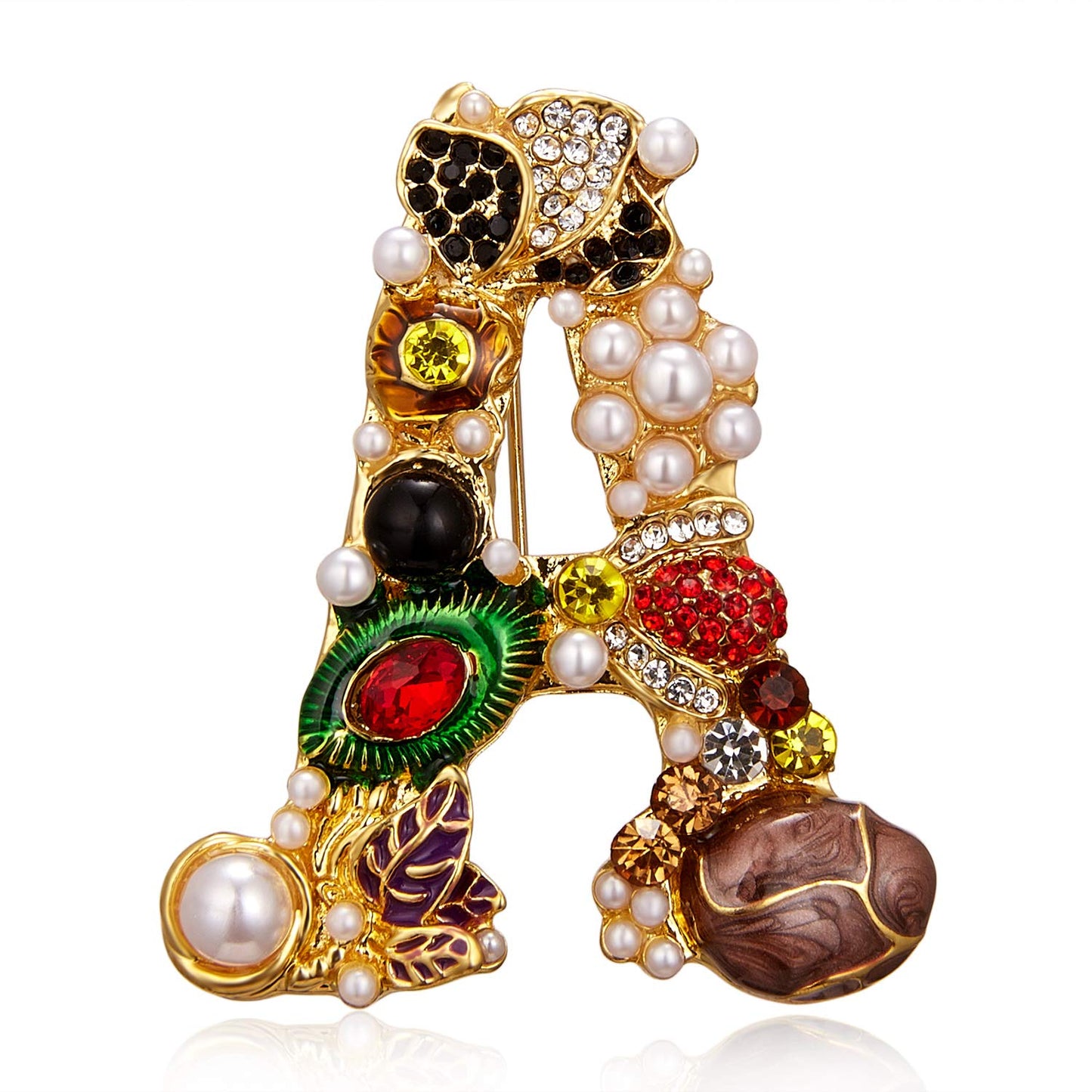 RINHOO Pearl Initial Brooch Pin Crystal A-Z 26 Alphabet Letters Brooch Colorful Enamel Breastpin Pin Jewelry for women Gifts (A)