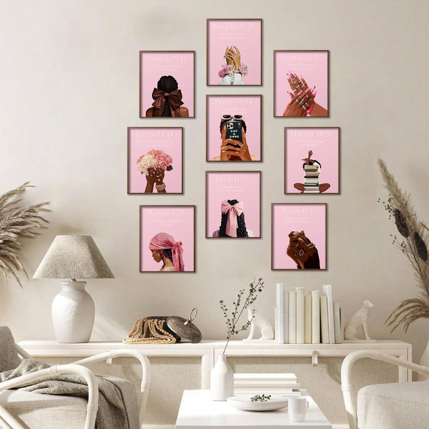 ANVOTIG Pink Christian Black Women Wall Art Prints Set of 9, Preppy African American Bible Verse Posters, Trendy Pink Black Girl Room Decor for Bedroom Bathroom Living Room 8x10 Inch Unframed