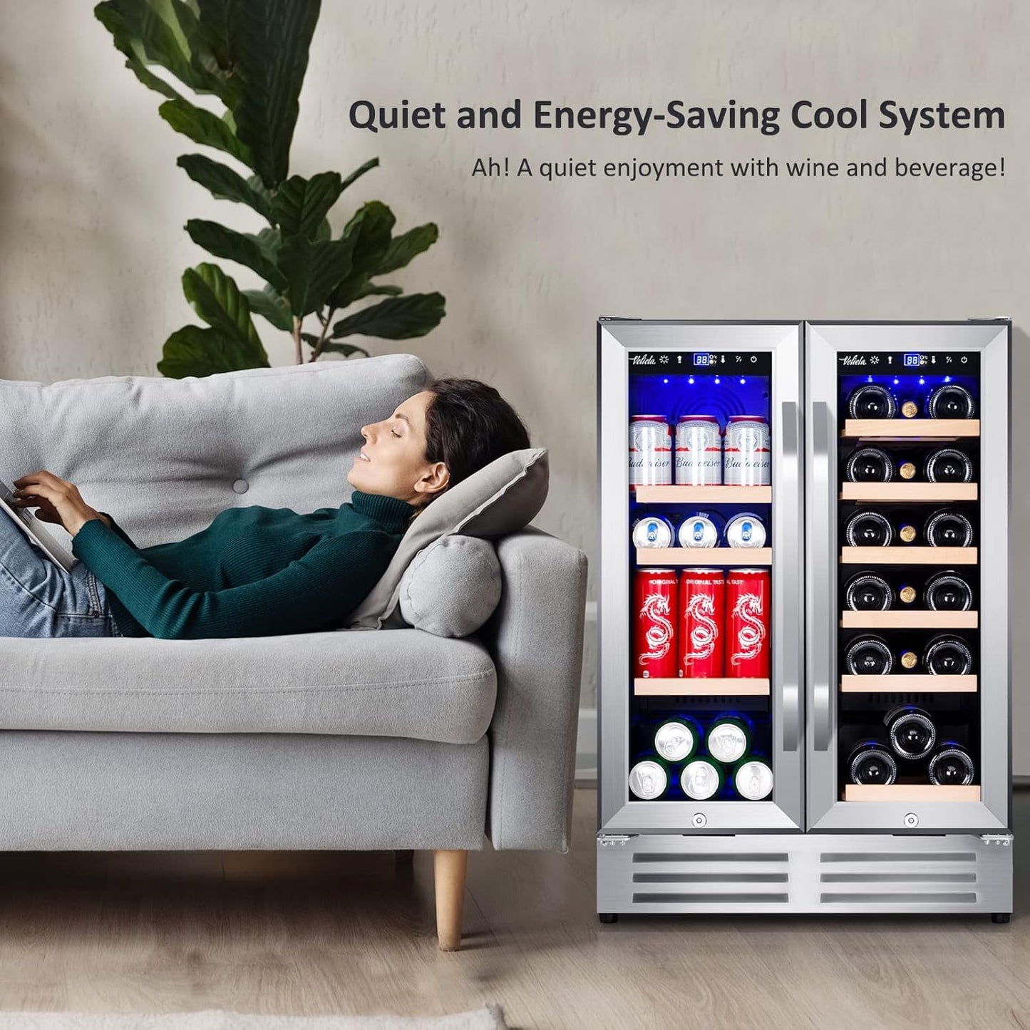 Velieta Wine and Beverage Refrigerator, 24 Inch Dual Zone Fridge with Glass Door, Built-In Cooler with Powerful and Quite Cool System/18 Bottles and 88 Cans Capacity Bverage Cooler