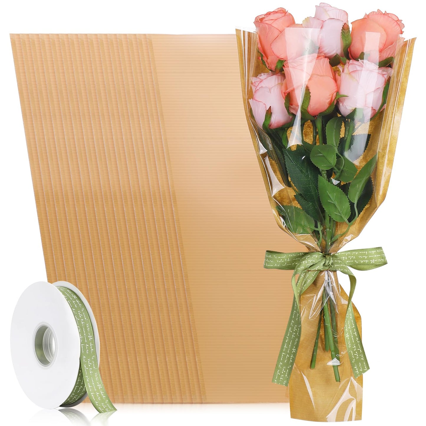 tchrules 50PCS Flower Bouquet Wrapping Paper with Ribbon, Kraft Flower Sleeves for Bouquets, Brown Floral Packing Bags Bulk for Valentine's Day Mother's Day Graduation Wedding, 17.7x9.4x3.5 inch