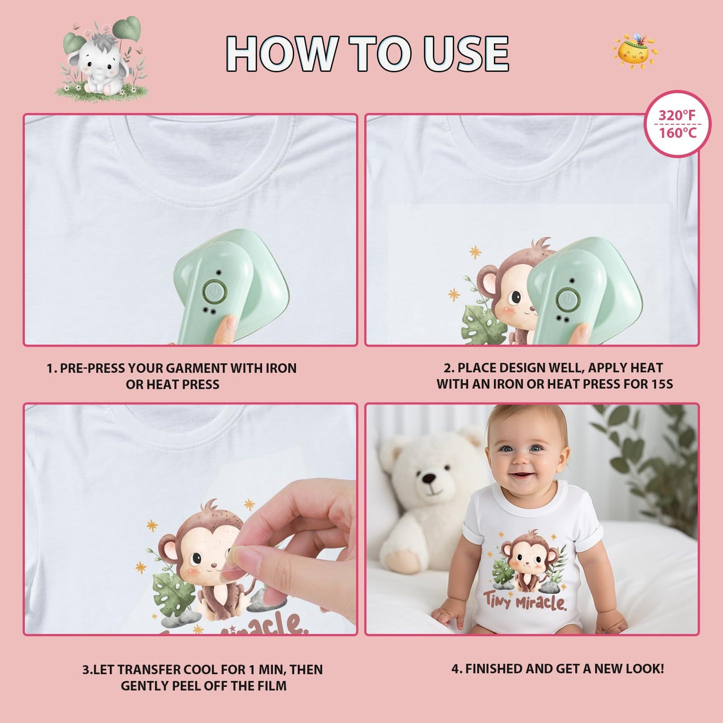 Falueqg Baby Shower Iron on Transfer - 30Pcs Dtf Transfers Ready to Press, Jungle Safari Animal Baby Onesie Decorating Kit Iron on Decals Patches, Cute Heat Trasnefer Stickers for Baby Bibs