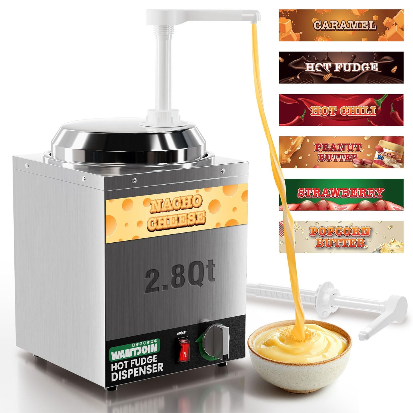 WantJoin 2.8Qt Nacho Cheese Dispenser with Pump Nacho Cheese Warmer,Stainless Steel Hot Fudge Warmer W/5-Level Temperature Adjustment,Commercial Hot Fudge Dispenser for Caramel