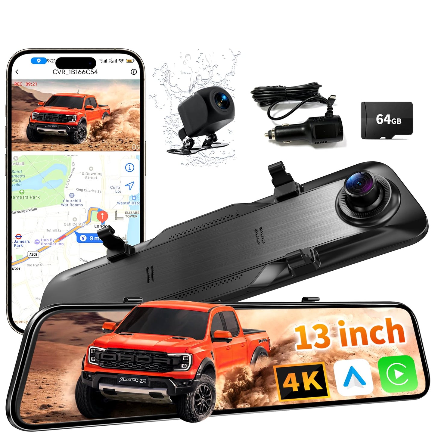 2026 Ultrawide 13’’ 4K Rear View Mirror Camera with Carplay&Android Auto, 5.8GHz WiFi Smart Rearview Mirror with Voice Control/Split Screen, 64GB Card Included,Reverse Assist//Loop Record/G-Sensor