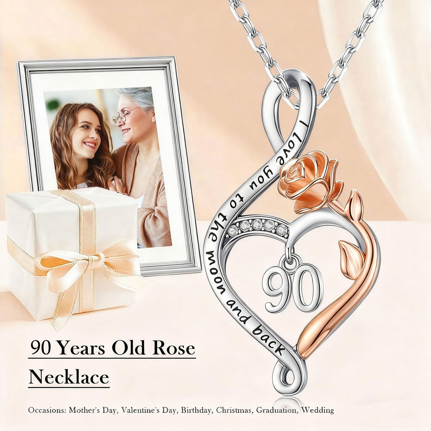 KoyeKei 90th Birthday Gifts for Women 90 Year Old Necklace 925 Sterling Silver Rose Flower Heart Infinity Pendant Jewelry Birthday Mothers Day Gift for Nana Granddaughter