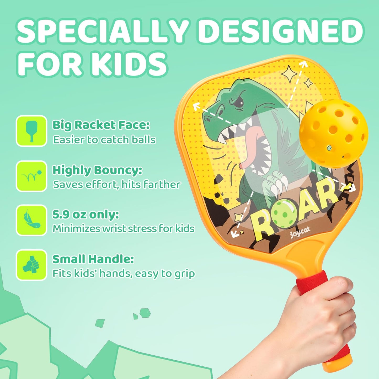 Joycat Kids Pickleball Paddles Set of 2, Lightweight Plastic Cute Pickleball Paddles for Kid with Small Grip, 2 Pickleballs, 1 Drawstring Bag,Indoor Outdoor Sport Gifts for Kids,Beginner (Dinosaur)