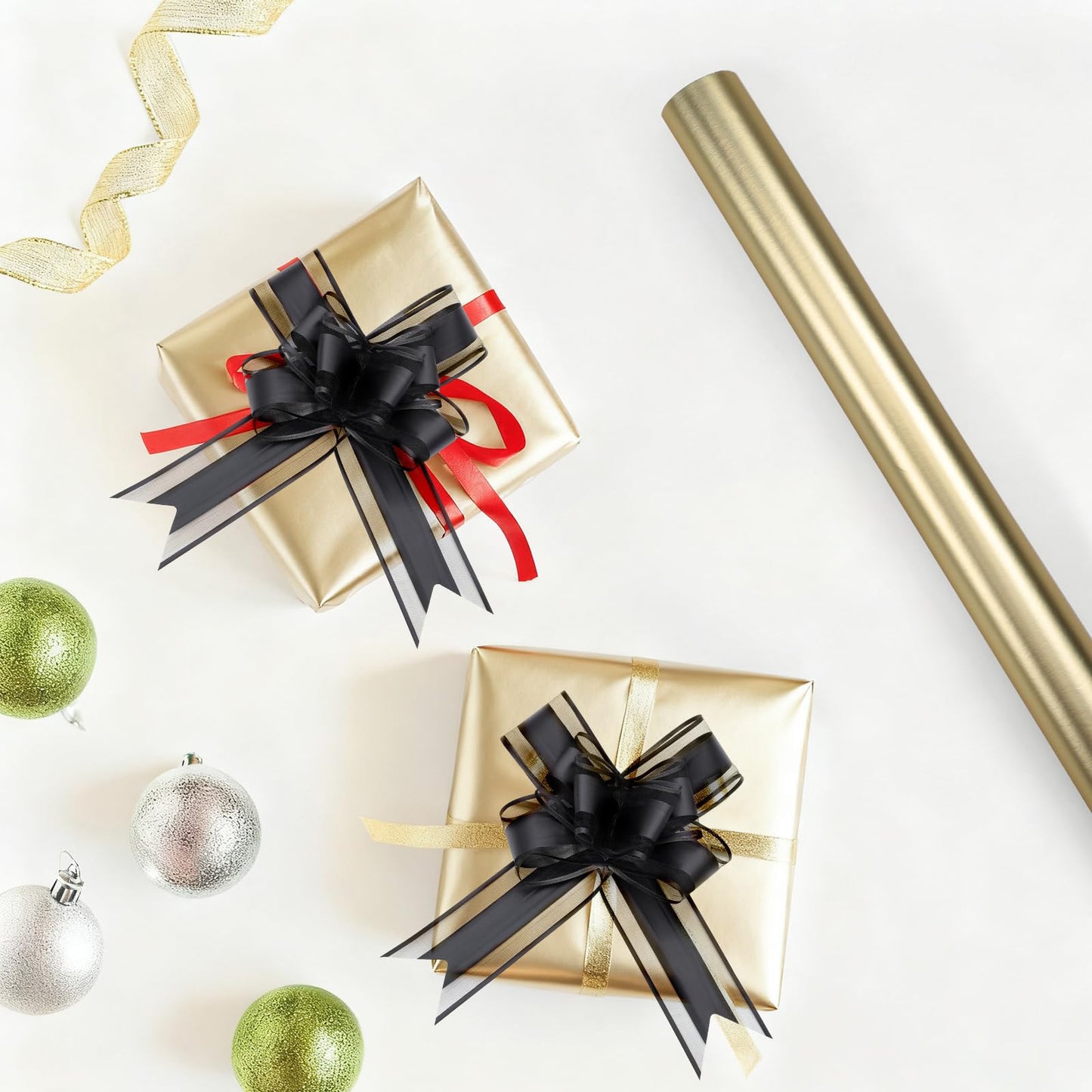 EUSOAR Gold Wrapping Paper, 2 Rolls(17 in x 32.8ft Each) Matte Gift Wrap with 20pcs Black Pull Bows, Gifts Wrapping Paper Crafts DIY Bouquet Packaging Supplies for Wedding Birthday Bridal Party