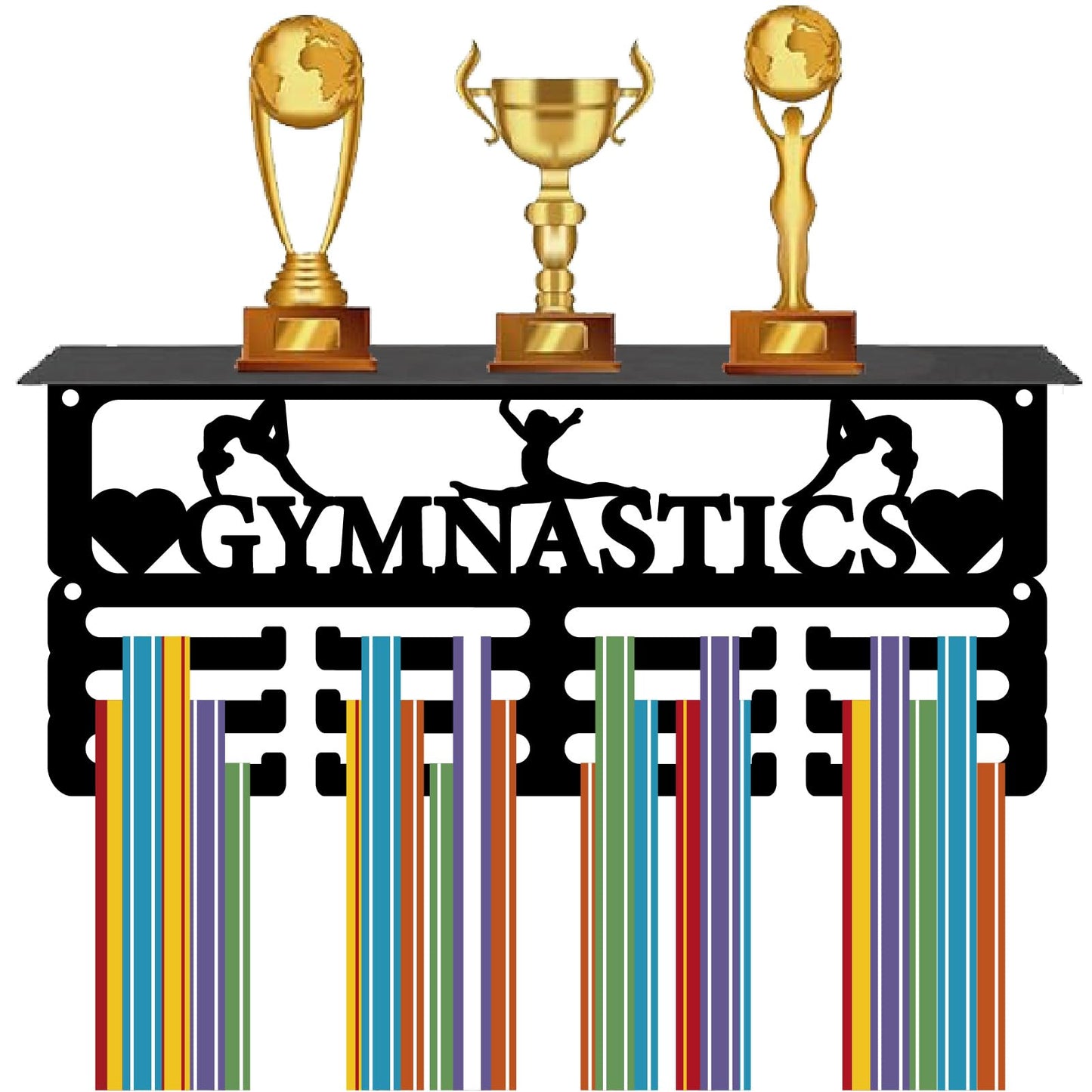 CREATCABIN Gymnastics Medal Hanger Display Trophy Shelf with 12Hooks Metal Medal Holder for Wall Mount Stand Hanging Hold 70+ Sports Medals Organizer Rack Ribbon Display for Soccer Awards 11.4x5x4Inch