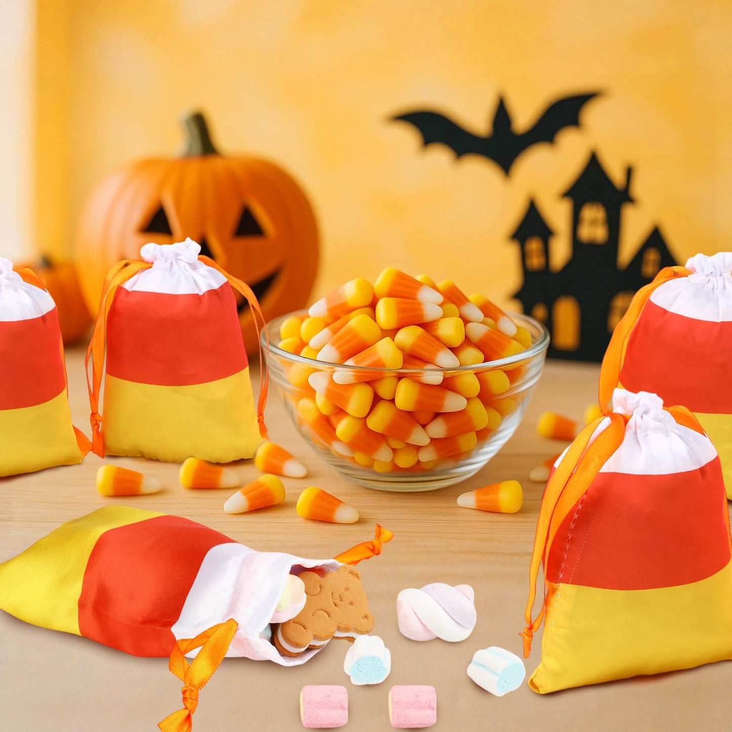 SATINIOR 24 Pack Thanksgiving Candy Corn Treat Bags Bulk Orange Fall Autumn Goodie Bags Small Satin Drawstring Funny 4"x6" Reusable Mini Gift Pouch for Holiday Party Favor Supply
