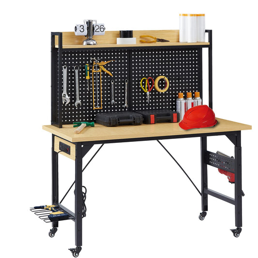 48" Adjustable Height Workbench with Pegboard, Work Benches for Garage, Heavy Duty Wood Top Work Bench with Wheels, 2000 LBS Load Capacity, Rolling Work Table with AC/USB Outlet Storage Shelf Hooks