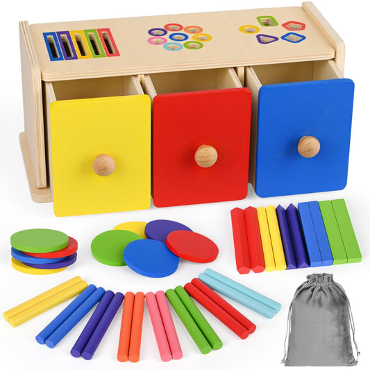 Wooden Montessori Toys for 1+ Year Old, Fine Motor Skills Sensory Preschool Learning Educational Toys, 3 in 1 Color Sorting Drawer Box Toddler Gifts for Boys & Girls 12-36 Months