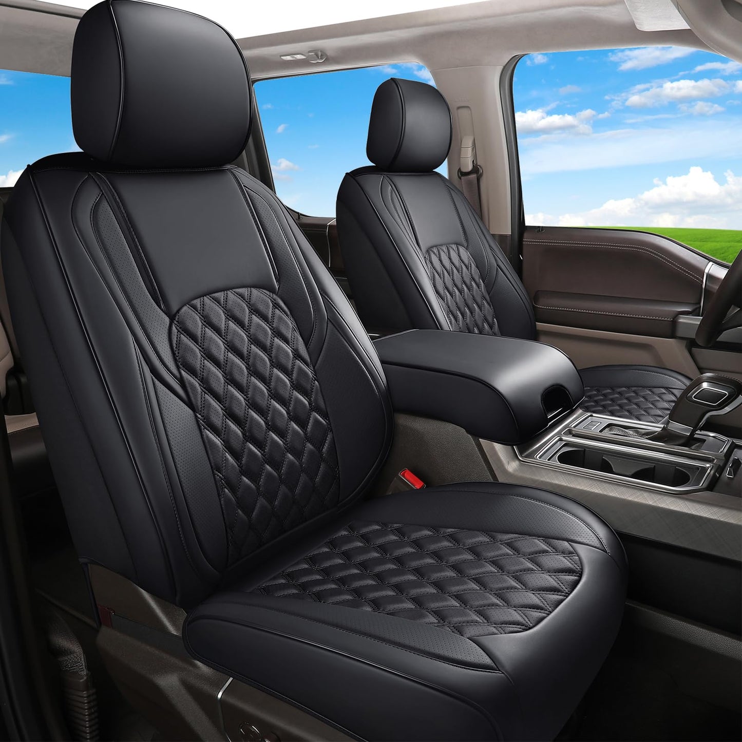 Huidasource Ford Seat Covers, Leather Pickup Seat Cushion Cover Fit for 2015-2025 Ford F150 SuperCrew & 2017-2025 F250 F350 F450 Super Duty Crew Cab XL XLT Lariat King Ranch Platinum(Full Set/Black)