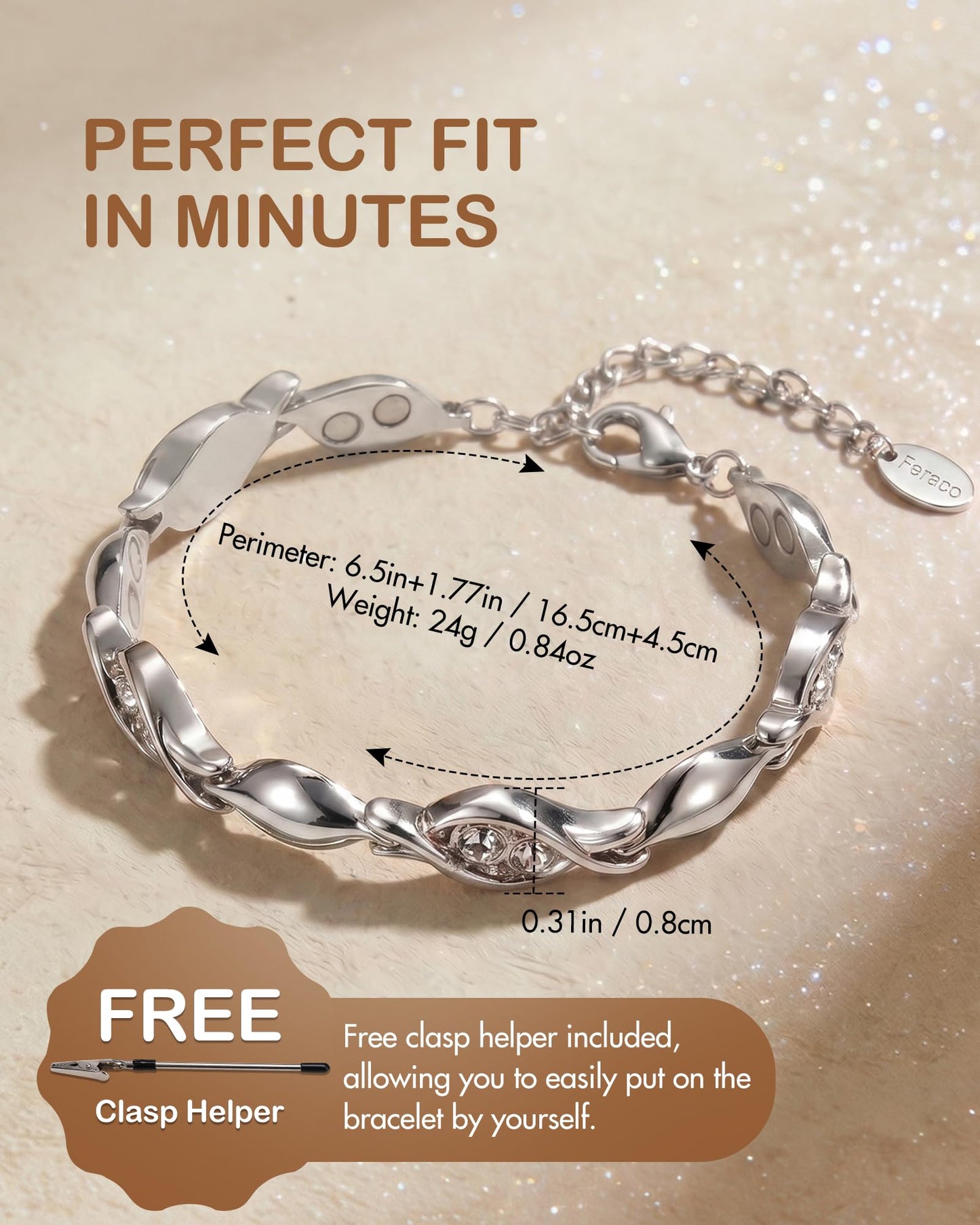 Feraco Pure Copper Bracelets for Women, Ultra Strength Magnetic Bracelet for Women with 3800 Gauss Magnet & Dazzling Austrian Crystals Stone, Copper Jewelry Gift (Silver)