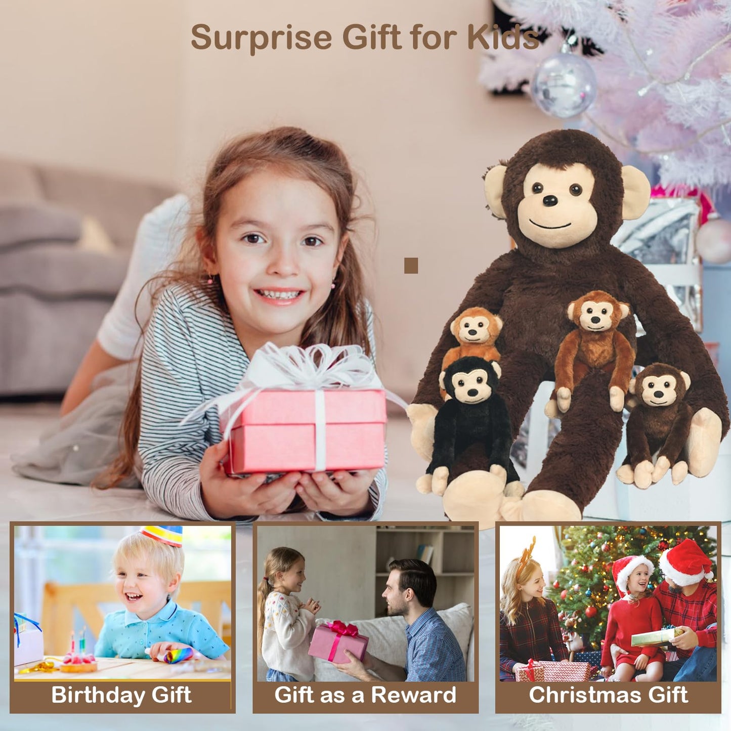5 PCS Monkey Stuffed Animal, Large Huggable Stuffed Monkey Plush Toys with 4 Baby Monkeys for Kids, Hanging Monkeys Plushies Gifts for Boys Girls Easter Christmas Birthday Jungle Forest Party Decor