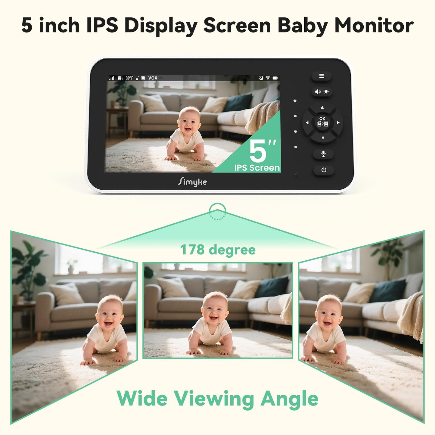 Simyke Video Baby Monitor with Camera and Audio,5inch Screen,720P,No Wifi or Free Smartphone App Mode,Remote Pan/Tilt/Zoom Camera,Lullabies,Feeding Remind,Night Vision,VOX,2-Way Talk,1500ft long Range