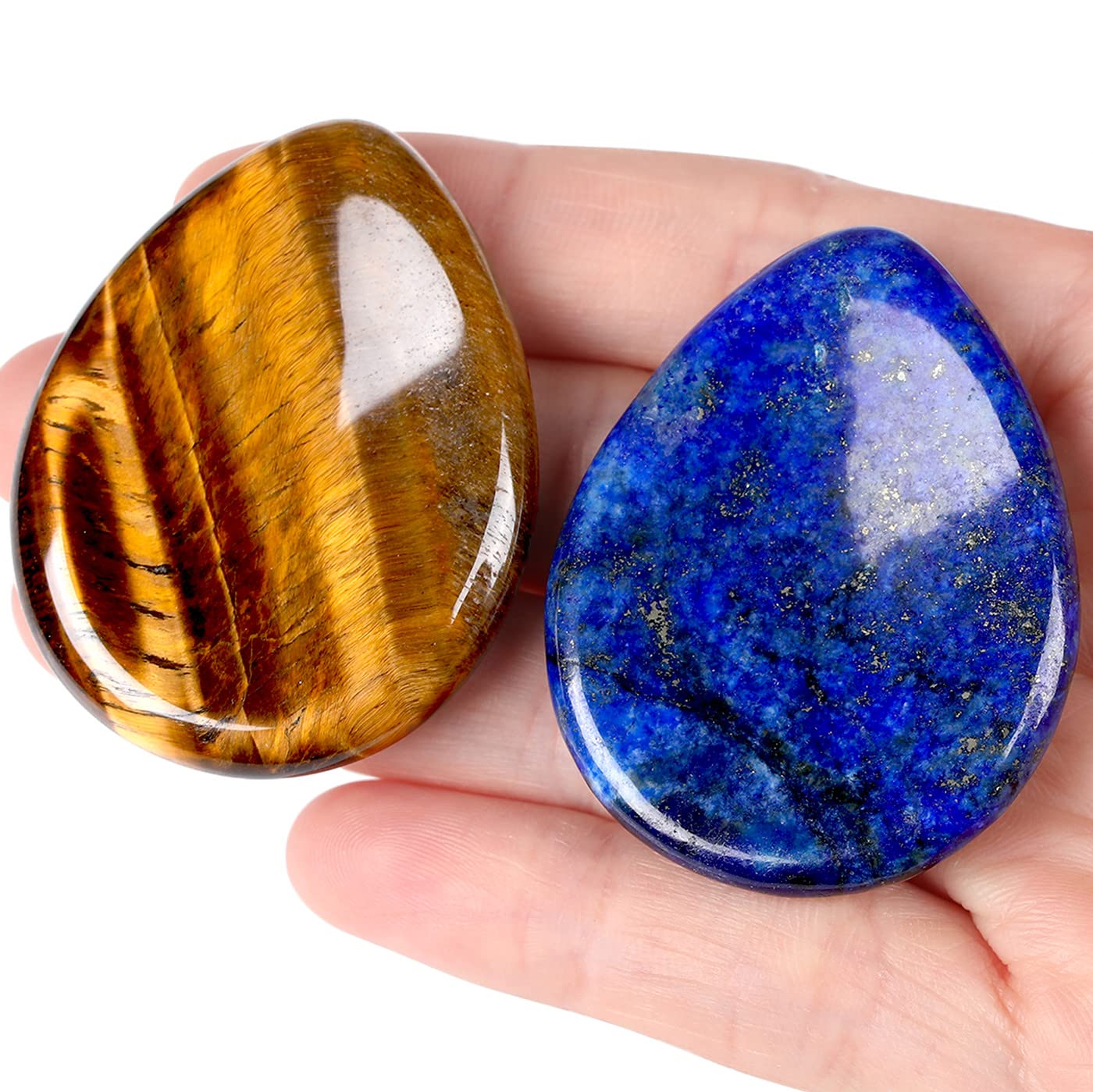 QINJIEJIE 2PCS Crystals Thumb Worry Stone for Anxiety Tiger's Eye Lapis Lazuli Healing Crystals Hand Carved Pocket Palm Gemstones Meditation Crystal Reiki Relax Stone Anxiety Relief Items
