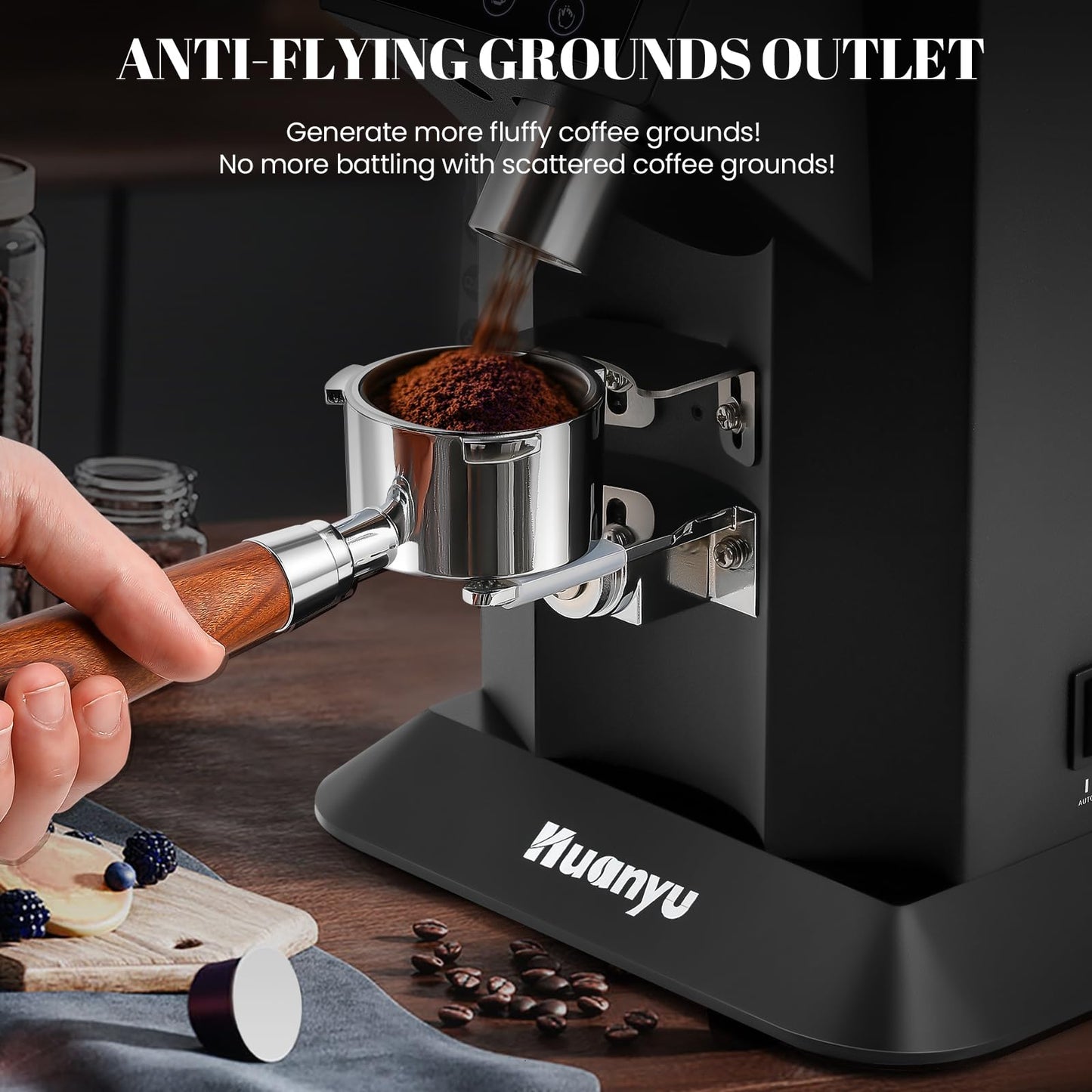 Huanyu Commercial Coffee Grinder with 74mm Flat Burr Reinforced 53oz Bean Hopper (40% Thicker), 15 Stepless Grinds, Touch Screen Black