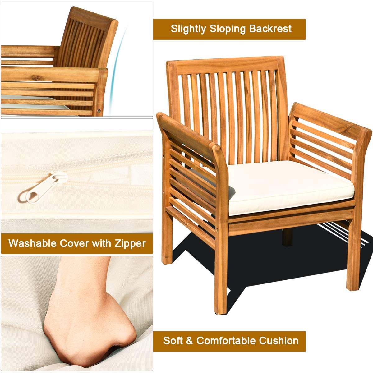 Tangkula 4 Piece Outdoor Acacia Wood Sofa Set with Water Resistant Cushions, Padded Patio Conversation Table Chair Set w/Coffee Table for Garden, Backyard, Poolside (1)