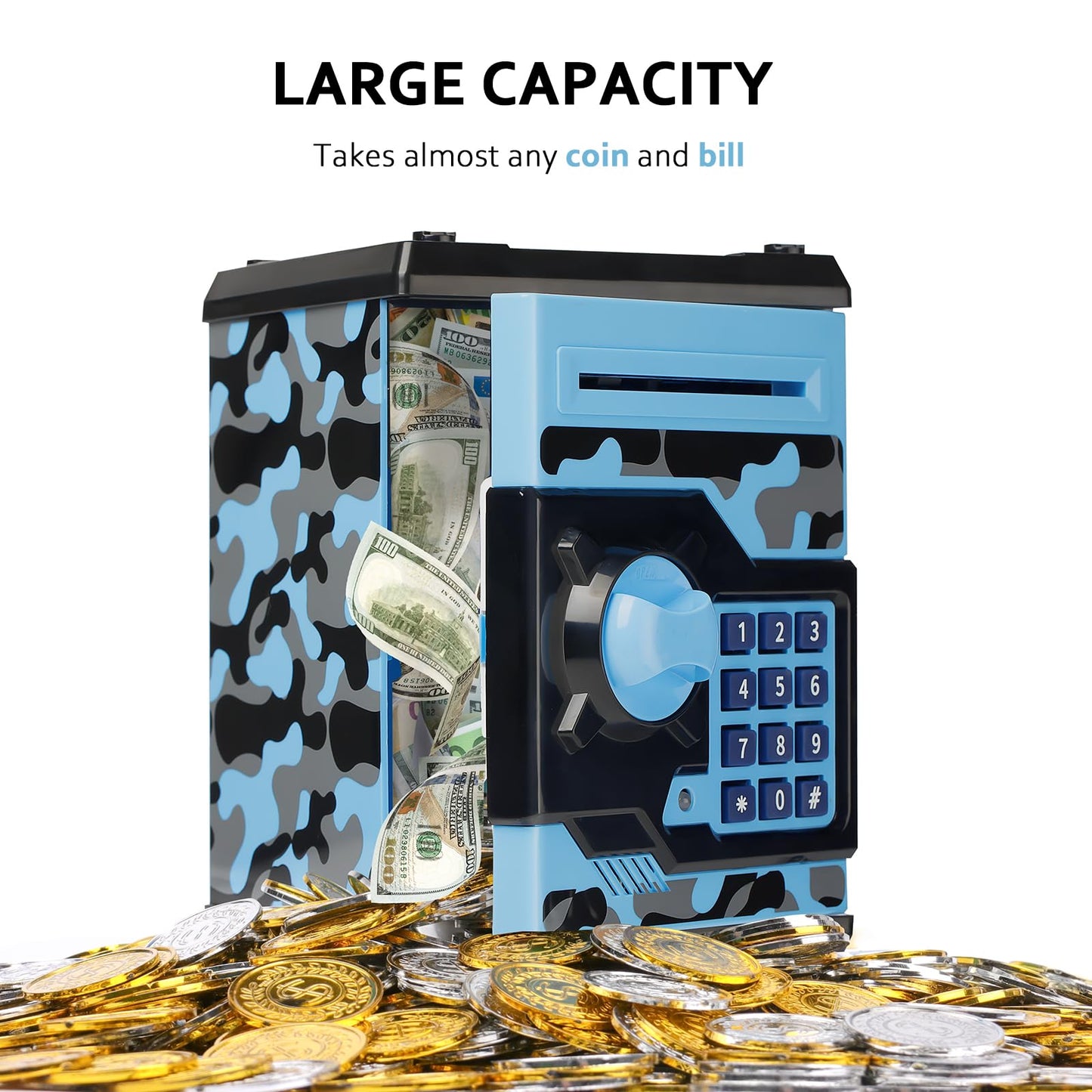 ATM Piggy Bank for Boys Girls, Vcertcpl Mini ATM Coin Bank Money Saving Box with Password, Kids Safe Money Jar for Adults with Auto Grab Bill Slot, Great Gift Toy Bank for Kids (Camouflage BlueGray)