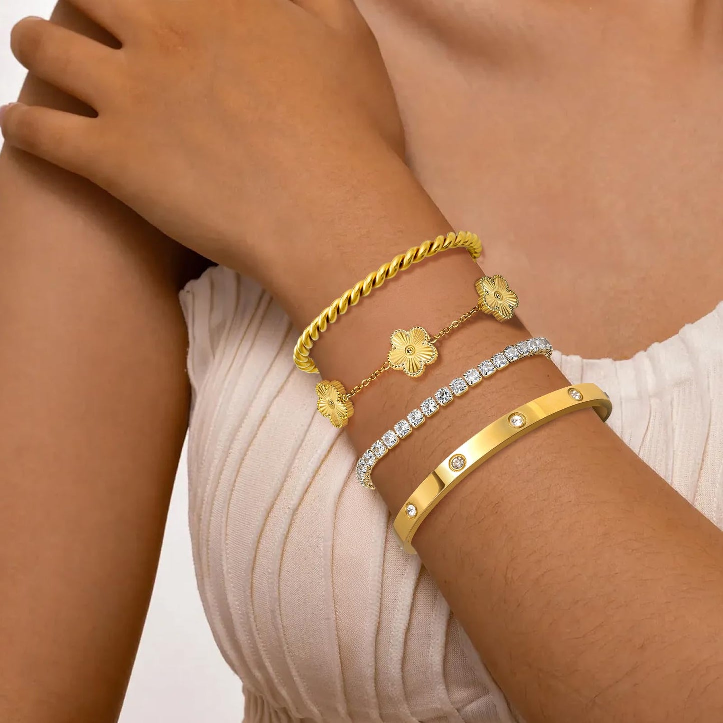 MOINSPIRE 18K Gold Plated Bracelets for Women, Stainless Steel Four Leaf Clover Tennis Nail Love Bangle Bracelets Set, Trendy Stackable Twist Cuff Bracelet Non Tarnish Jewelry Gifts for Christmas