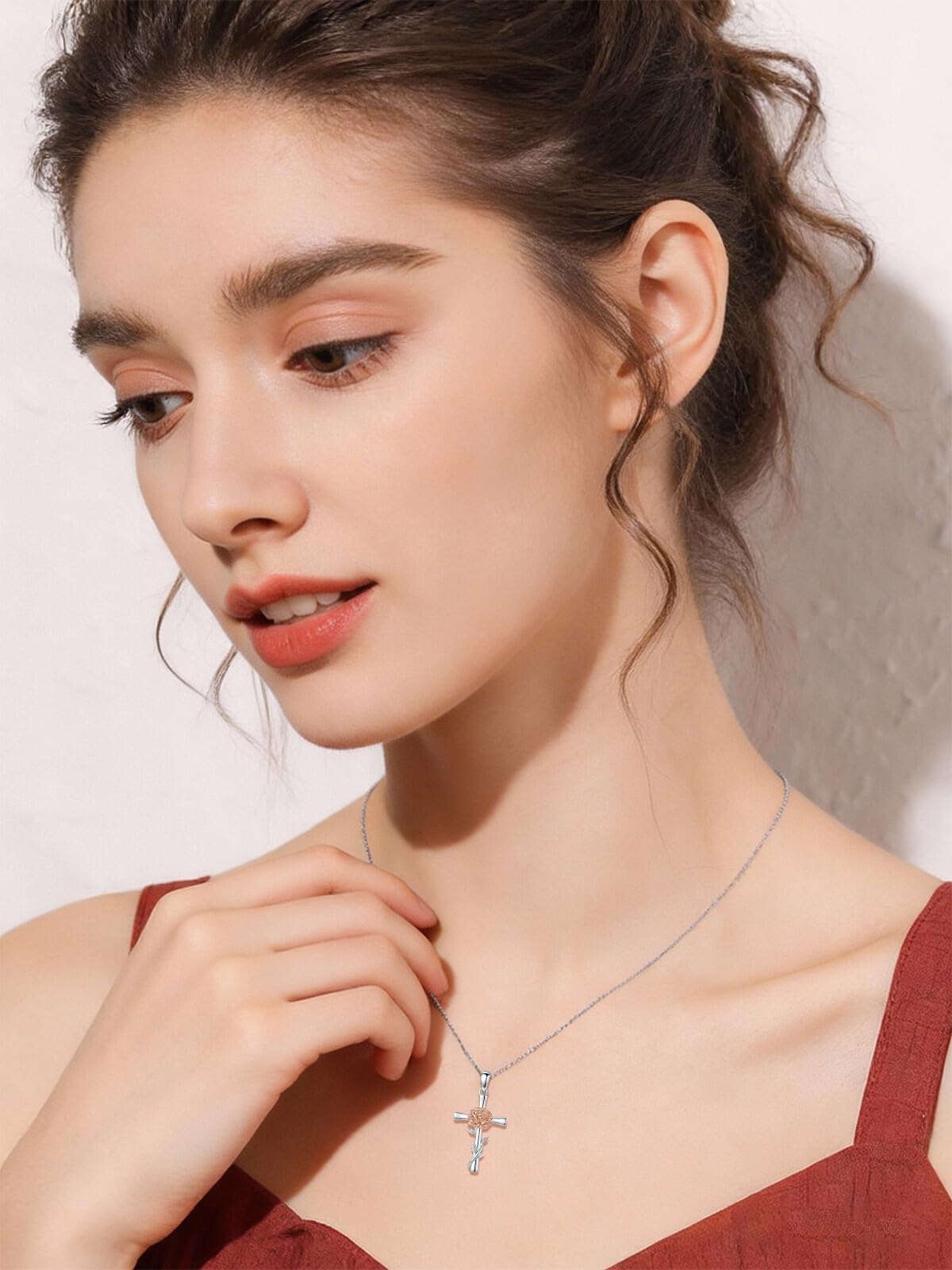 Cargari Carnation Cross Necklace for Women 925 Sterling Silver Carnation Flower Necklace Christian Religious Flower Jewelry Gift for Women