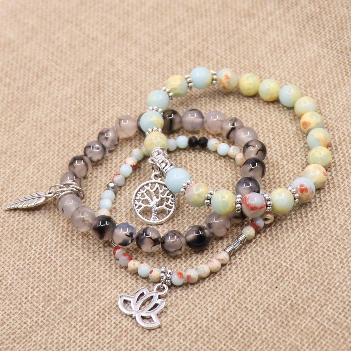 UEUC Tree of Life Yoga Healing Stone Bracelets,Multilayer Lotus Chakra Stone Reiki Bracelet Sets,Anxiety Crystal Natural Stone,for Women Stress Relief