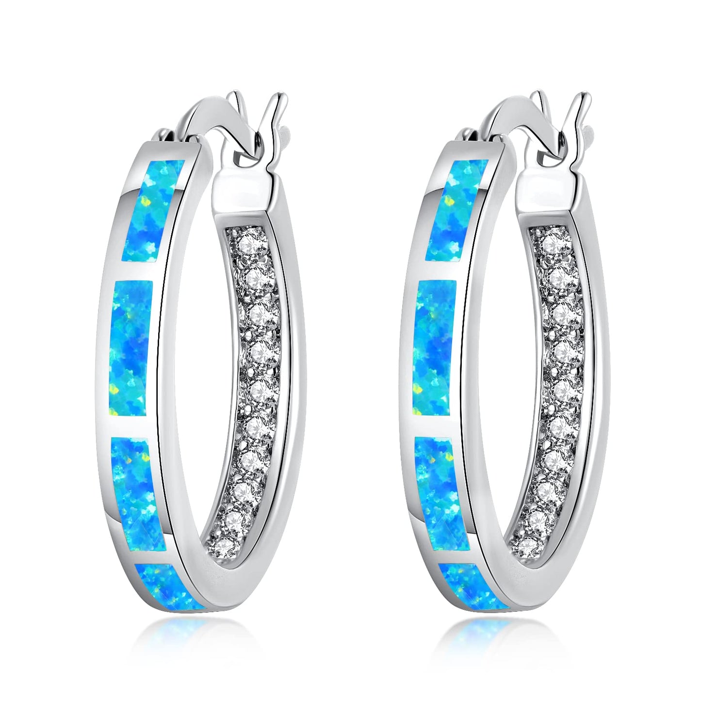 CiNily Women's Hoop Earrings for Her Blue Opal Earrings White Gold Plated Hypoallergenic Small Round Ear Hoops Ladies White Gemstone Hoop Earrings Jewelry 20mm