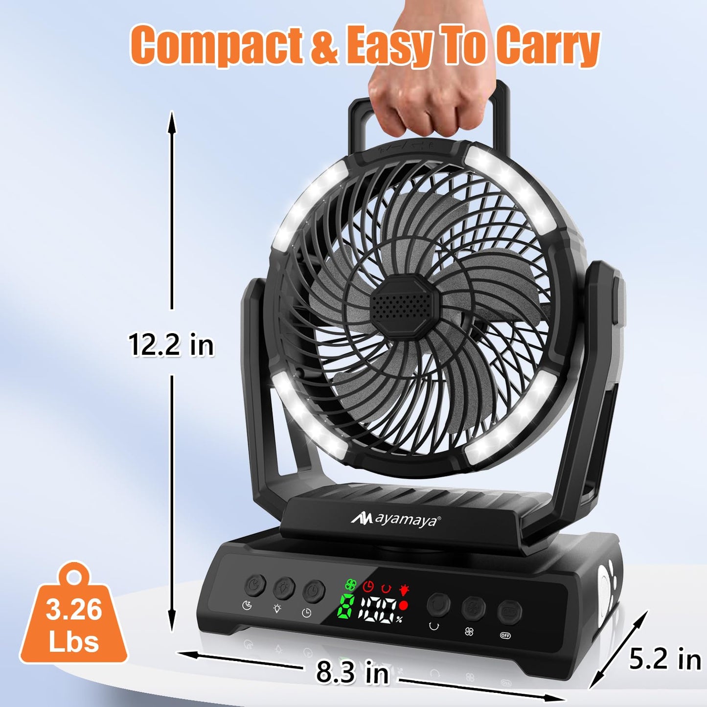 AYAMAYA Camping Fan + Air Mattress, 9 Speeds Battery Powered Fans with Digital Display, 6-6.5ft Full Size Truck Bed with Cordless Pump for Outdoor Camping, Road Trip
