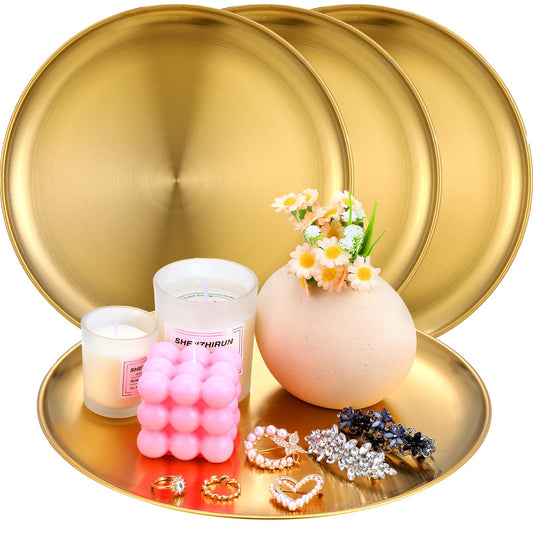 6 Pcs 12 Inch Round Gold Tray - Large Gold Tray Decorative Serving Bar Dish Key Bowl Mirror Dresser Vanity Tray for Jewelry Makeup Organizer, Bathroom, Candle, Perfume, Countertop
